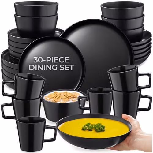 tectake 30-Piece Black Stoneware Dinnerware Set for 6 People, Microwave and Dishwasher Safe