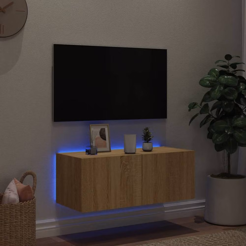 Berkfield Home TV Wall Cabinet with Integrated LED Lights in Sonoma Oak, W/D/H: 80 x 35 x 31 cm – 3