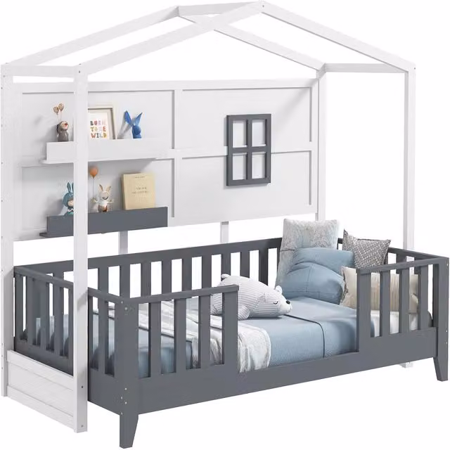 Gymax Single House Shaped Montessori Bed Frame with 2 Shelves and Guardrails in Grey Solid Wood