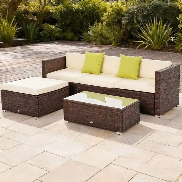 ERGOVEXA 4-Seater L-Shape Rattan Garden Sofa Set with Coffee Table and Ottoman, Brown