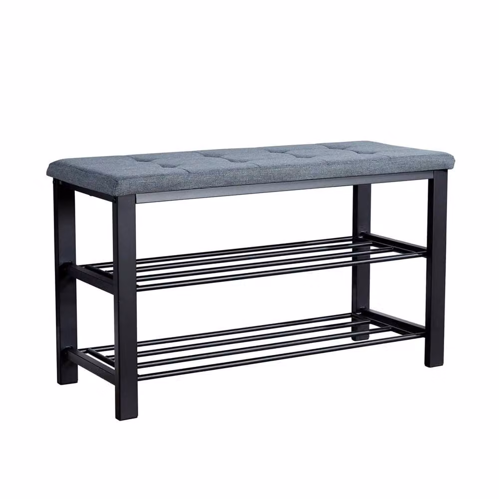 SPETLEK Metal Shoe Bench with Storage Shelves in Grey Linen and Black – 2
