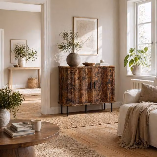 Wyld Haus Lasa Mid Century Sideboard in Rustic Brown with Slatted Sliding Doors