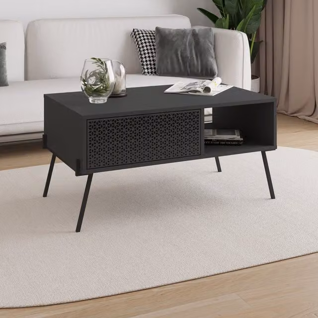 Decortie Naive Coffee Table with UV Abstract Pattern in Anthracite Grey and Black, W/D/H: 103.3 x 60.0 x 30.0 cm