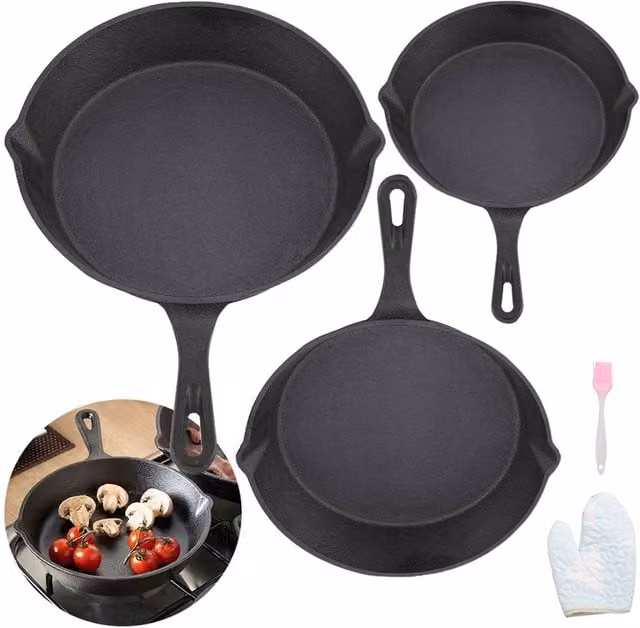 VonShef Set of 3 Black Cast Iron Non Stick Griddle Pans with Pouring Spouts – 1