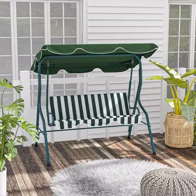OUTSUNNY 3-Person Garden Swing Chair with Adjustable Striped Canopy in Green – 1