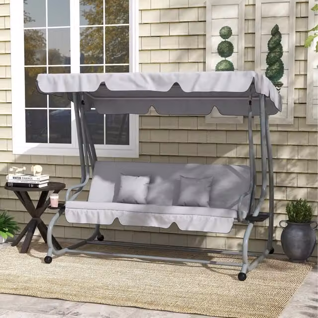 Outsunny 2 in 1 Modern Patio Swing Chair Bed with Sun Canopy in Light Grey