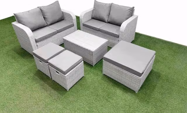 Fimous 7 Seater Rattan Garden Furniture Set in Light Grey with Coffee Table and Ottomans