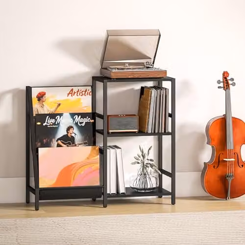 HOMCOM Industrial Record Player Stand with 3-Tier Media Storage in Black Wood Effect, W/D/H: 84 x 30 x 74 cm – 8