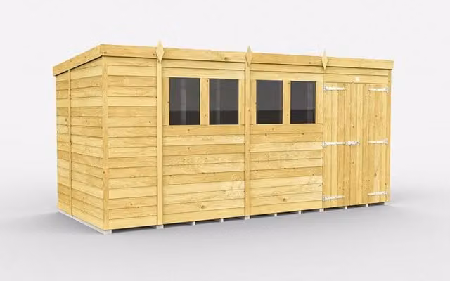 Buttercup Farm Brown Pent Shed with Double Doors and Windows, W: 454 cm, D: 178 cm, H: 201 cm
