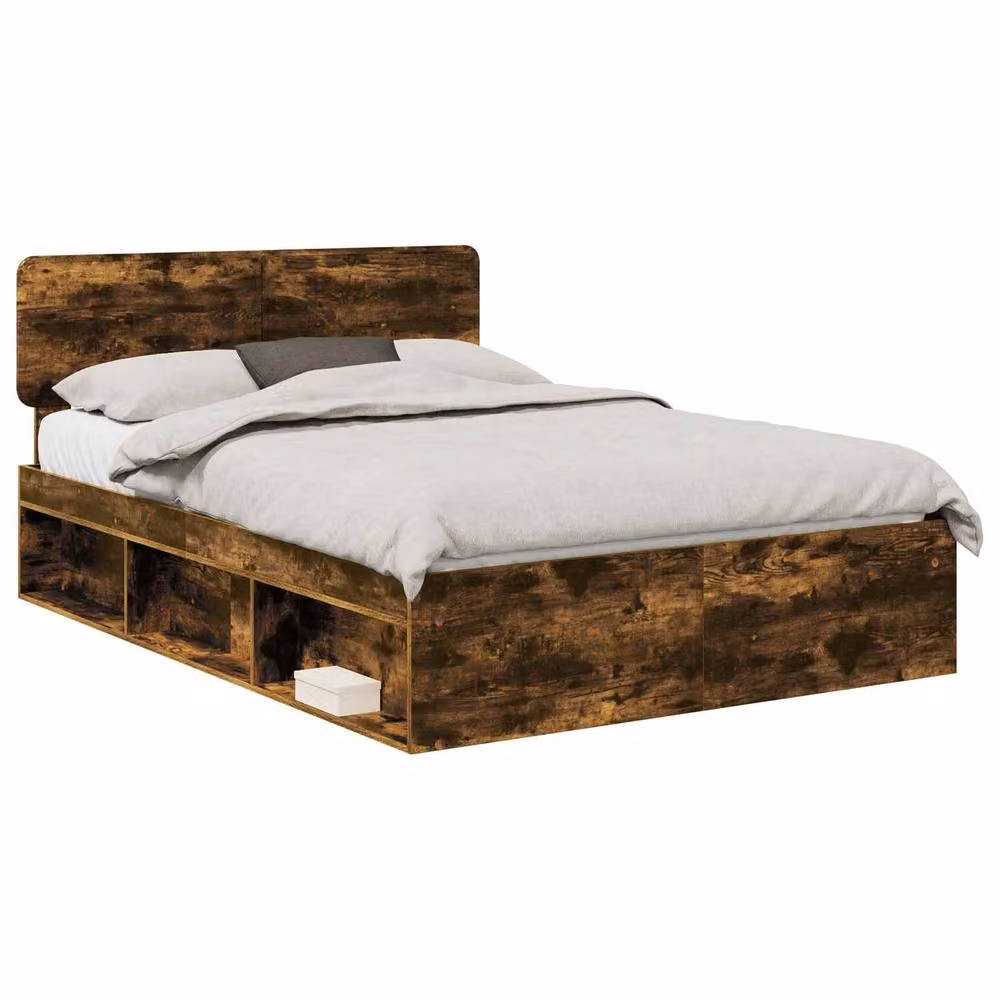 Berkfield Home Smoked Oak Bed Frame in Brown, Solid Pine and MDF Wood, W/D/H: 140 x 200 cm – 2