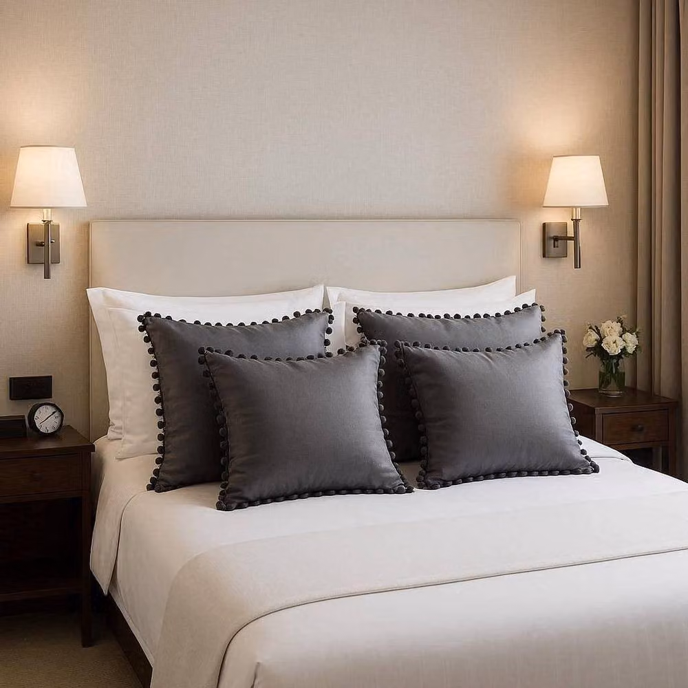Luxor Living Set of 4 Square Velvet Cushions with Pom Trim in Anthracite Grey, W/D/H: 43 x 43 x 43 cm – 3