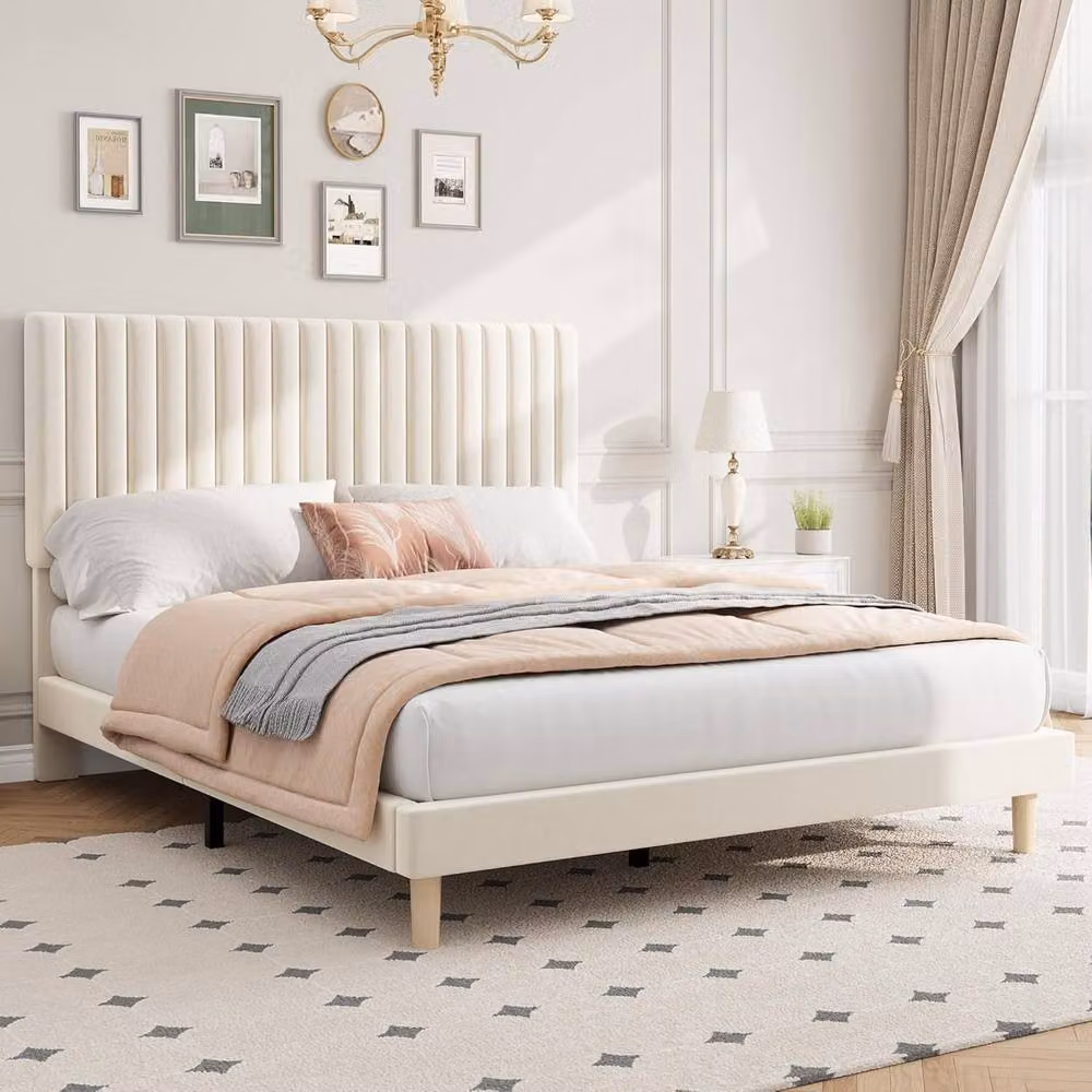 London Boutique Double Bed Frame with Adjustable Velvet Headboard in Beige, W/D/H: 140 x 200 cm – 2