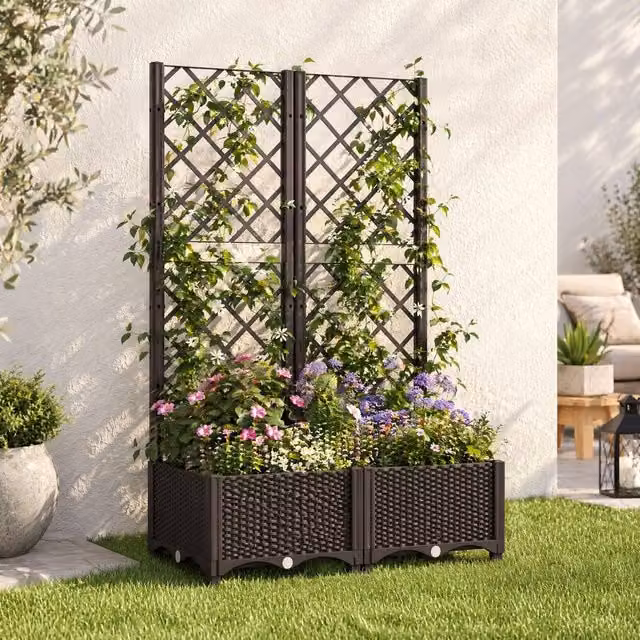STILVORA Raised Garden Bed with Trellis in Brown, W/D/H: 123 x 80 x 40 cm