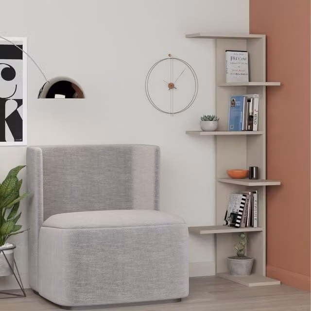 Decortie Saso Modern Wall Mounted Corner Bookcase Display Unit in Beige, H 141 x W 37 x D 37 cm – 1