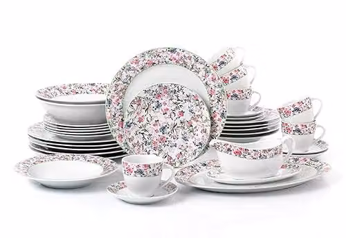 Waterside Fine China 35 Piece Floral Porcelain Dinner Service in Pink and White