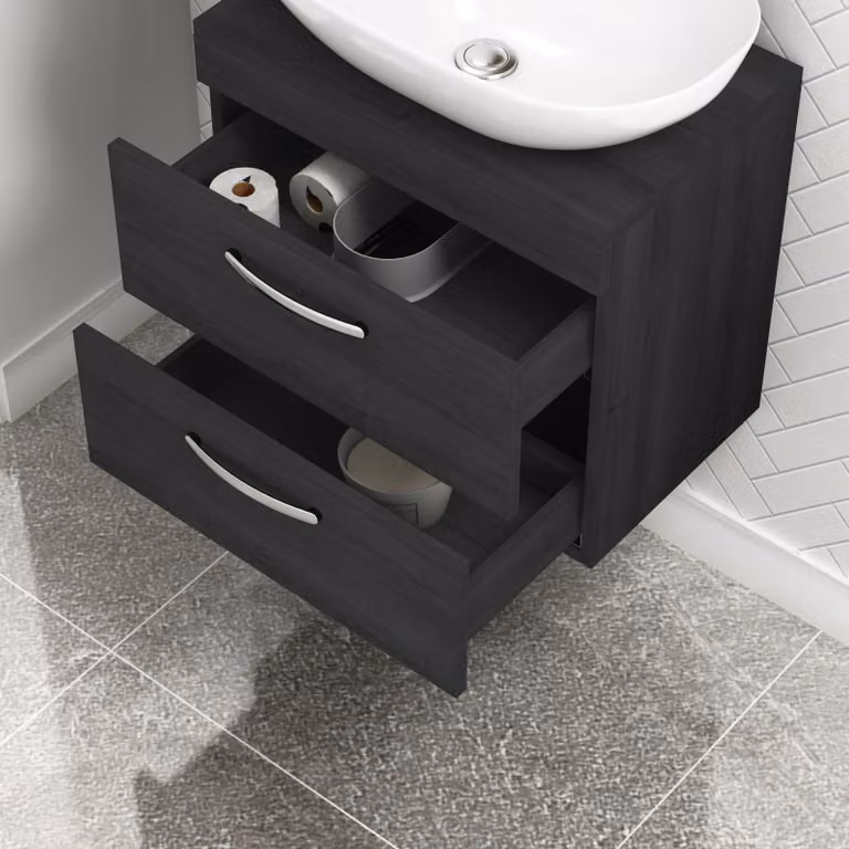Royal Bathrooms Hale Wall Hung Vanity Unit with 2 Drawers and Elva Countertop Basin in Matt Black, Width: 60 cm