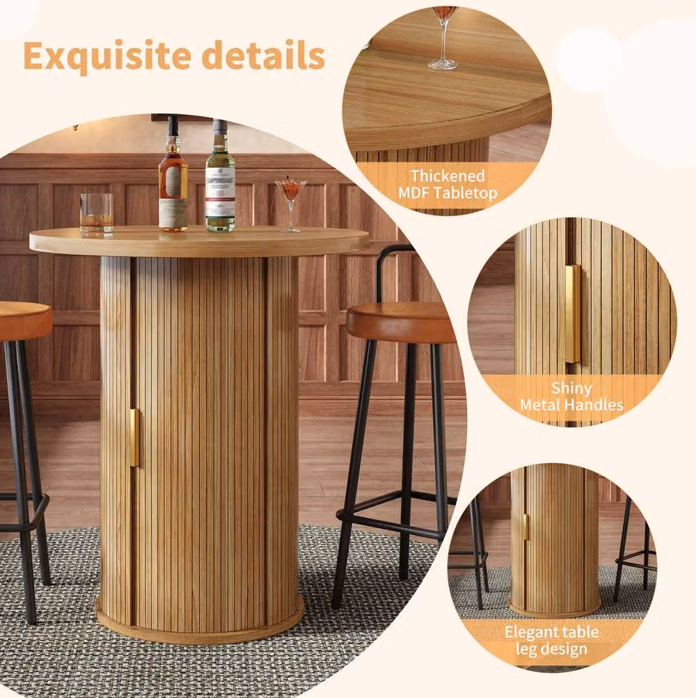 STILVORA Round Bar Table with Storage and Sliding Door in Sand and Brown – 5