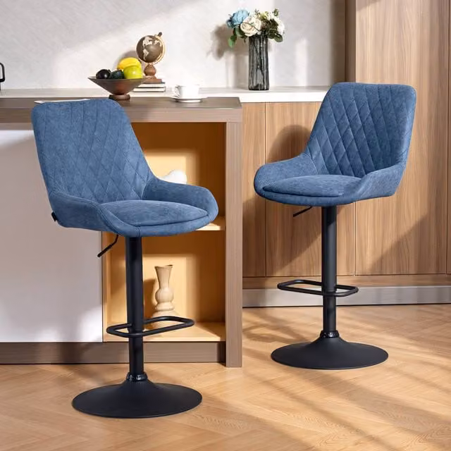 HOMCOM Set of 2 Swivel Height Adjustable Bar Stools in Blue Synthetic Leather with Metal Base – 1