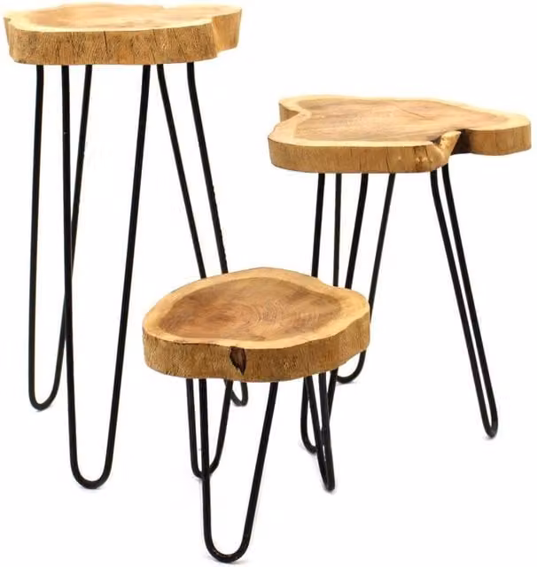 KDMD Set of 3 Industrial Wooden Plant Stands with Round Tops and Hairpin Legs in Brown, Black and Green