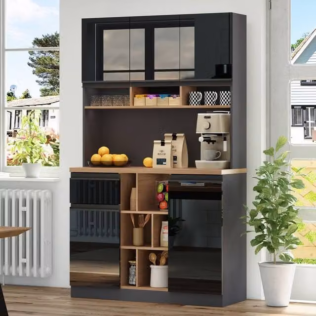 Rolipo Tall Kitchen Cabinet and Buffet Sideboard in Black High-Gloss Finish, Height: 185 cm – 1