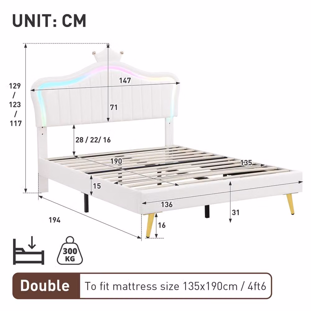 Rolipo Double Upholstered Bed Frame with LED Crown Headboard in White – 2