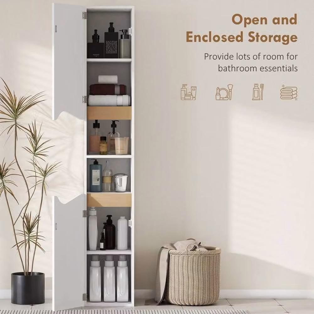 Havendro Slim White Tall Bathroom Storage Cabinet with 2 Hinged Doors and Internal Shelves, H 180.5 x W 30 x D 30 cm – 2