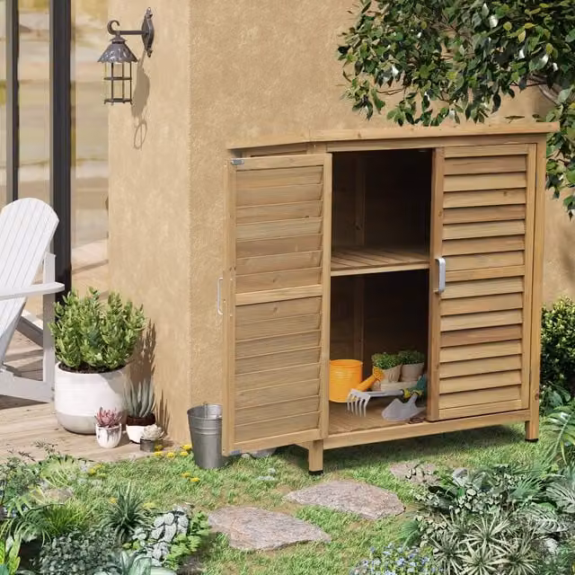Outsunny Brown Lacquered Wood Garden Storage Unit with Roll Shutter and Internal Shelves