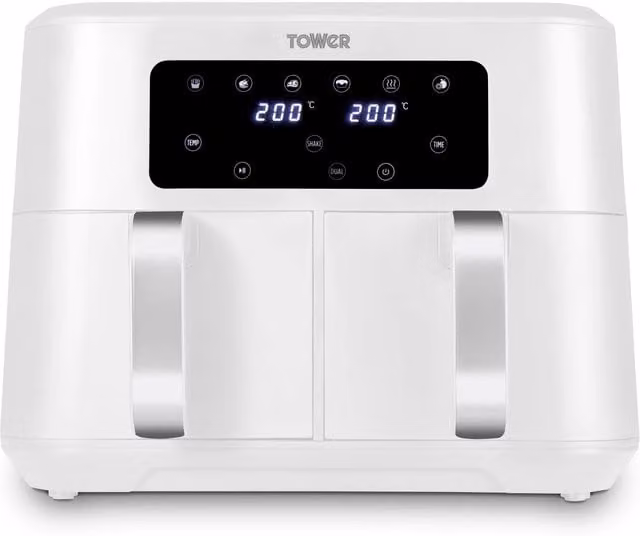 Tower Vortx 8.5L Dual Basket Digital Air Fryer in White with Chrome Trim