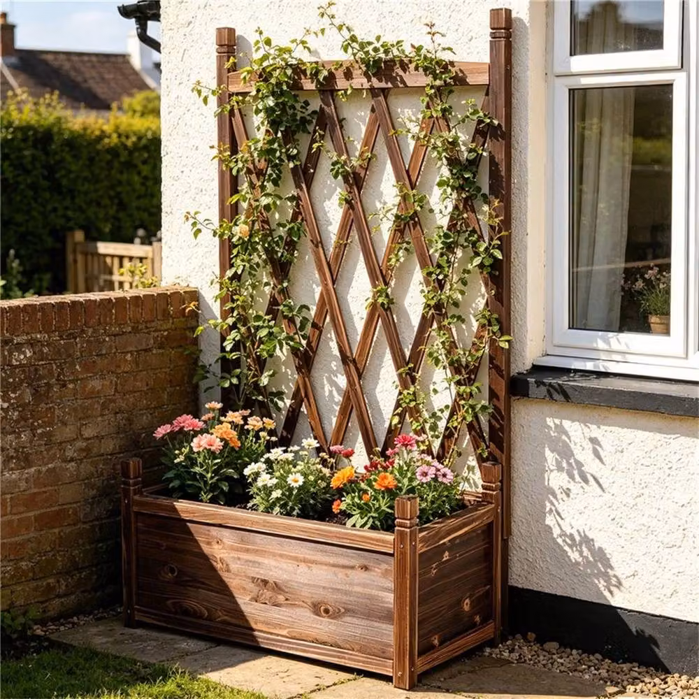 NESTLUNE Wooden Raised Bed Planter with Trellis in Brown, W/D/H: 64 x 36.5 x 115 cm – 2