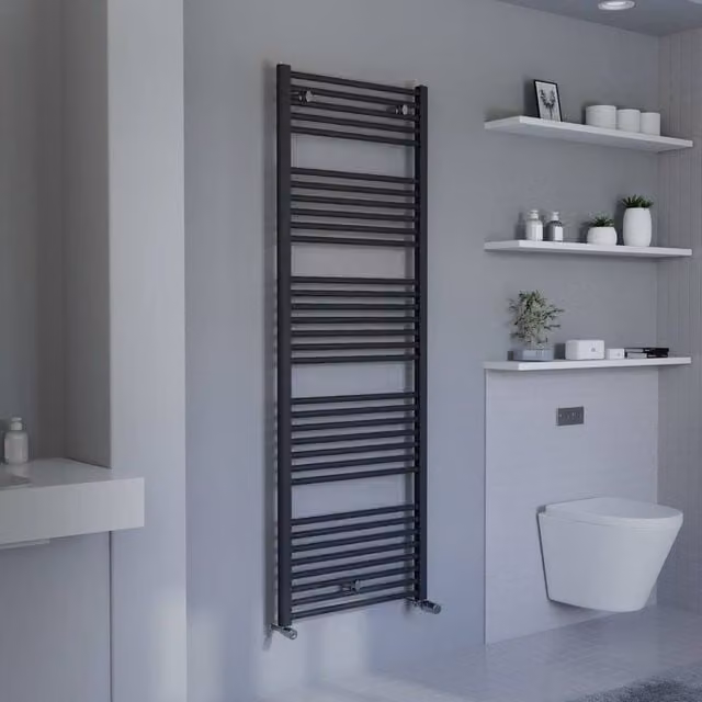 Bathroom Kingdom Primo Anthracite Wall Mounted Straight Heated Towel Rail, Grey, H 172.8 cm x W 60 cm x D 6 cm