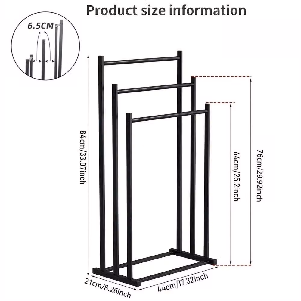 VOGREX Black 3 Tier Freestanding Metal Towel Drying Rail Storage Rack, H 86.0 x W 44.0 x D 21.0 cm – 2