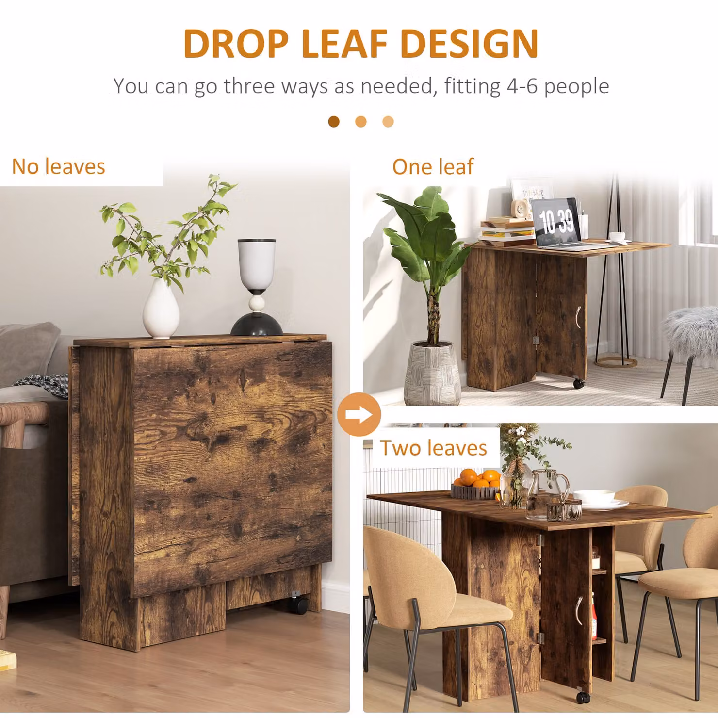 HOMCOM Folding Dining Table with Drop Leaf and 2-Tier Shelves, Rustic Brown, W: 80-140 cm, D: 60 cm, H: 75 cm – 4