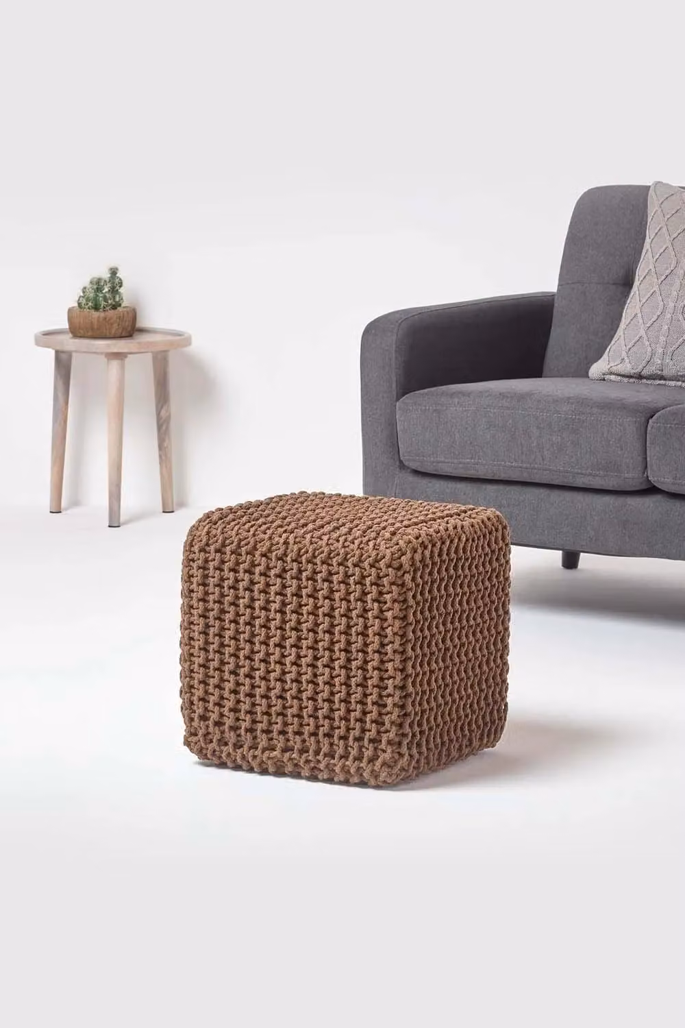 Homescapes Cube Cotton Knitted Pouffe Footstool in Brown – 2