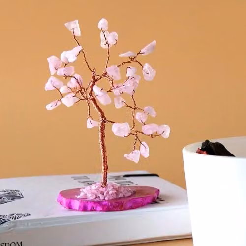 KDMD Rose Quartz Gemstone Bonsai Tree with Pink Agate Base (35 Stones) – 1