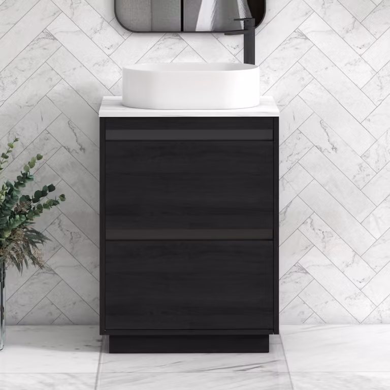 Royal Bathrooms Orion 600mm Hale Black Floor Standing Vanity Unit with Carrara White Countertop, 2 Drawers and Peak Basin