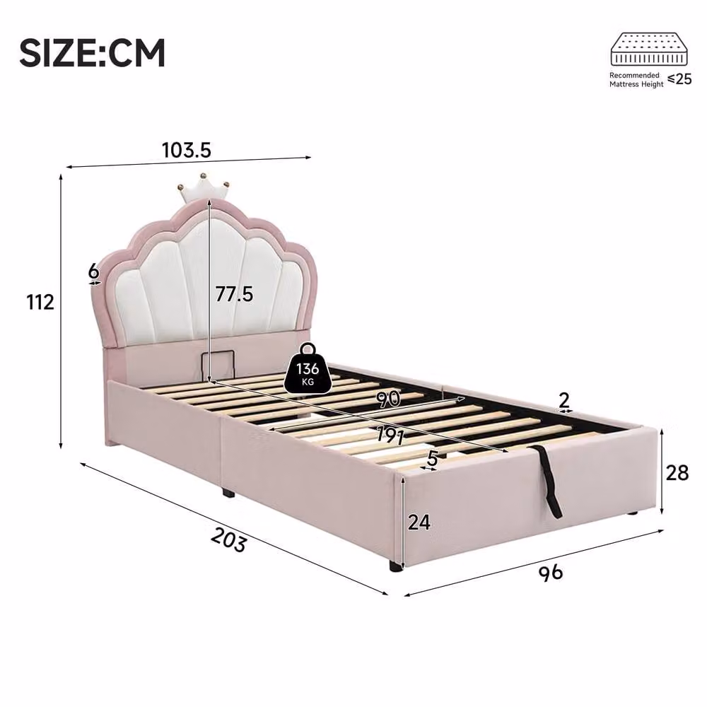 Merax Single Pink Velvet Ottoman Storage Bed with Crown Headboard W/D/H: 90 x 190 cm – 2