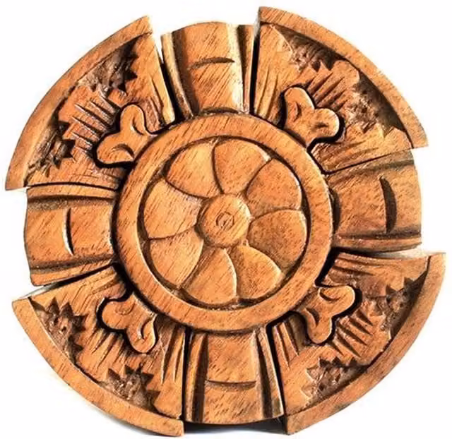 KDMK Bali Magic Box Round Petal Puzzle Gift Box in Brown Wood
