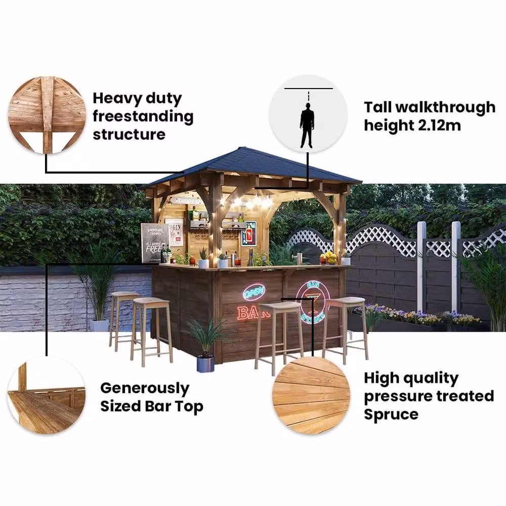 Dunster House Leviathan Wooden Outdoor Garden Bar Pub Shed in Brown with Black Bitumen Hip Roof Shingles, W: 250 cm, D: 250 cm, H: 212 cm – 3