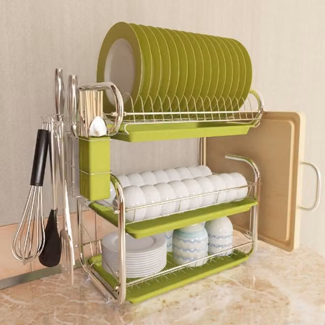 Livingandhome 3 Layer Dish Drainer Rack with Drip Tray in Green Coated Steel