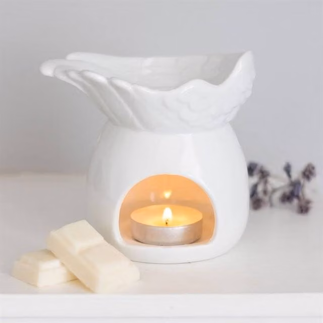 Uniqueful Angel Wing Ceramic Oil Burner in White for Tealights