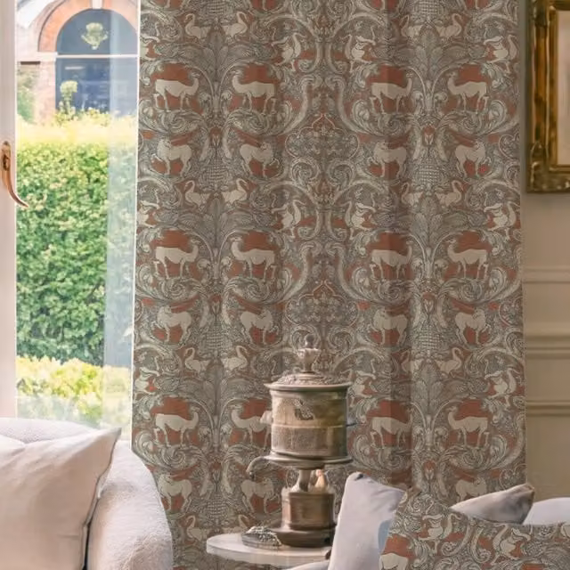 HOUSE Llewelyn-Bowen Menagerie Artois Made To Measure Blackout Cotton Curtains in Scarlet Red and Orange Floral Animal Print