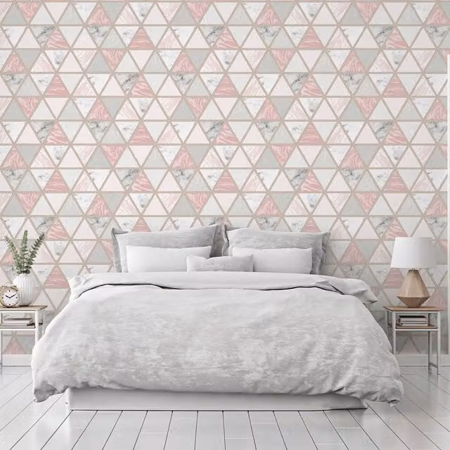 Arthouse Modern Geometric Abstract Marble Wallpaper in Pink, Grey and Gold