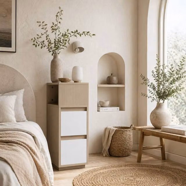 Wyld Haus Noyo Slim Bedside Table in Natural Wood Finish with 2 Drawers and Open Shelf
