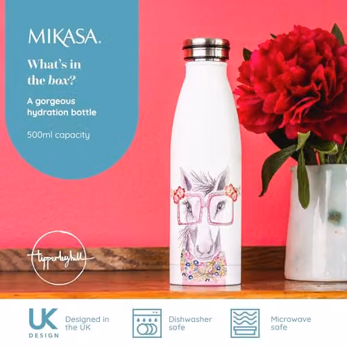 Mikasa Tipperleyhill Horse Print Double-Walled Stainless Steel Vacuum-Insulated Water Bottle, 500ml, White and Multicolour – 2