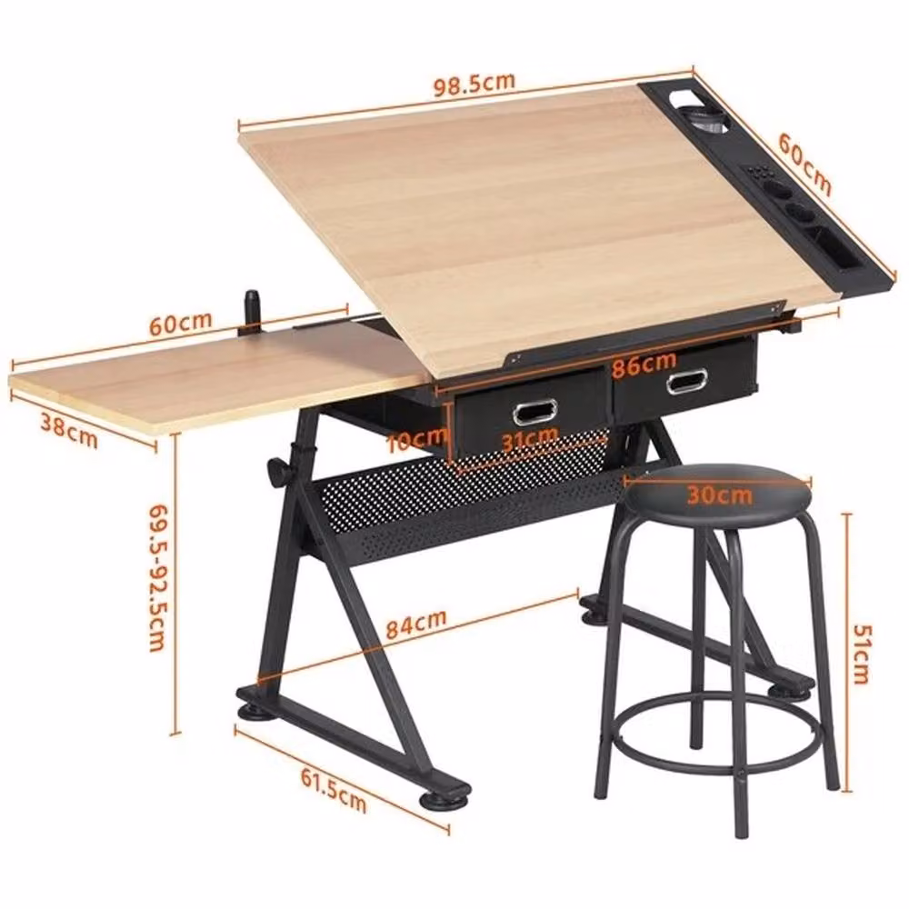 VOGREX Wood Adjustable Drafting Table and Stool Set in Beige – 2