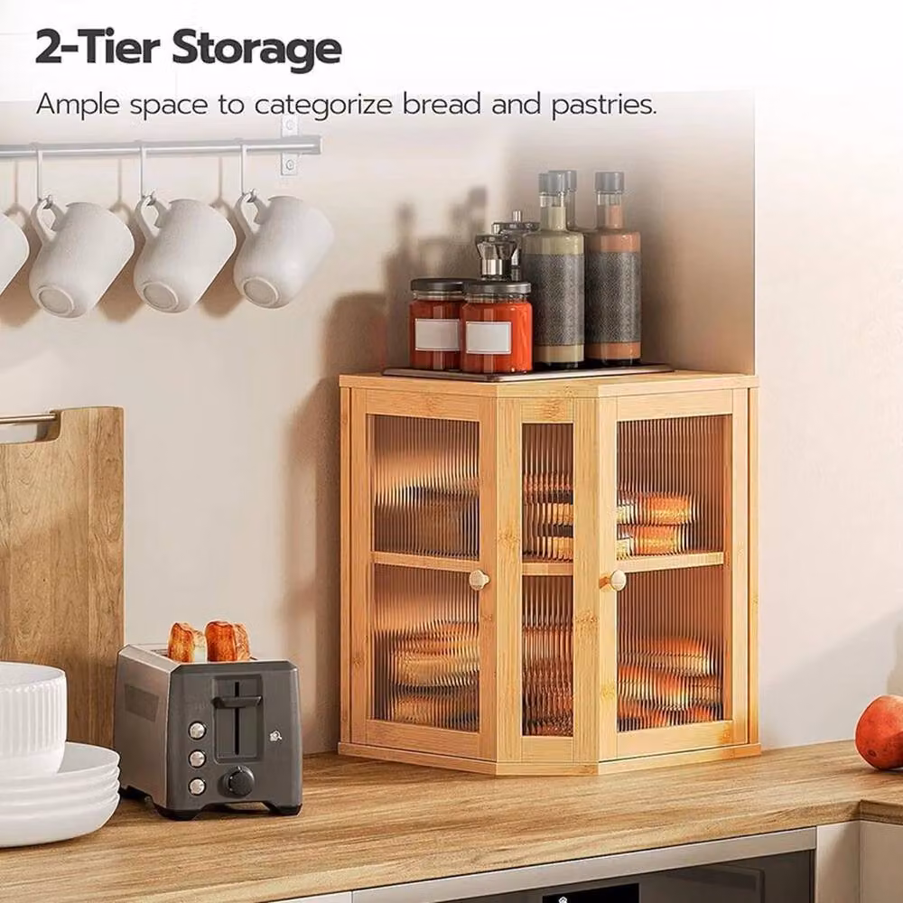 Kelvenix 2-Tier Brown Bamboo and Acrylic Corner Bread Box for Kitchen Counters – 3