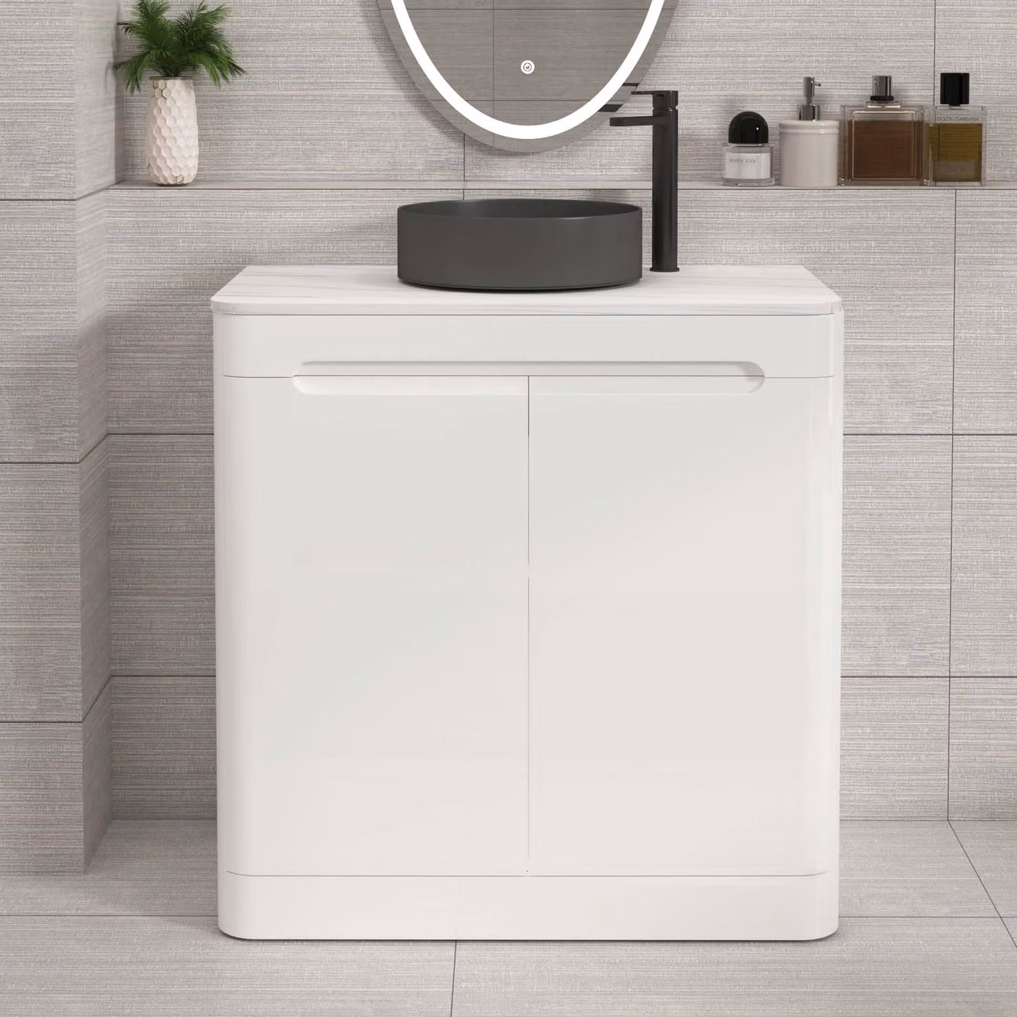 Royal Bathrooms Venice 800mm Gloss White Floor Standing 2 Door Countertop Vanity Unit with Art Round Basin