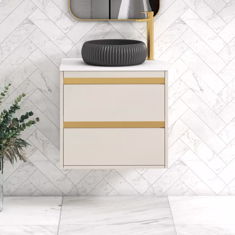 Royal Bathrooms Orion 600mm Warm Taupe Wall Hung Vanity Unit with Milan Black Basin and Brushed Brass Accent Trim