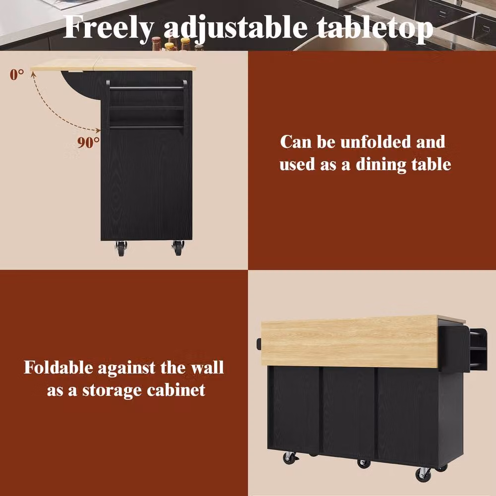 Rolipo Black Kitchen Island Trolley with Folding Dining Table and Storage – 4