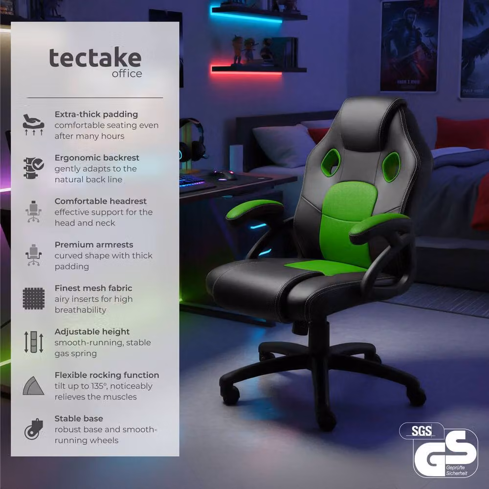 tectake Mike Gaming Chair in Green with Synthetic Leather and Fabric Finish – 2